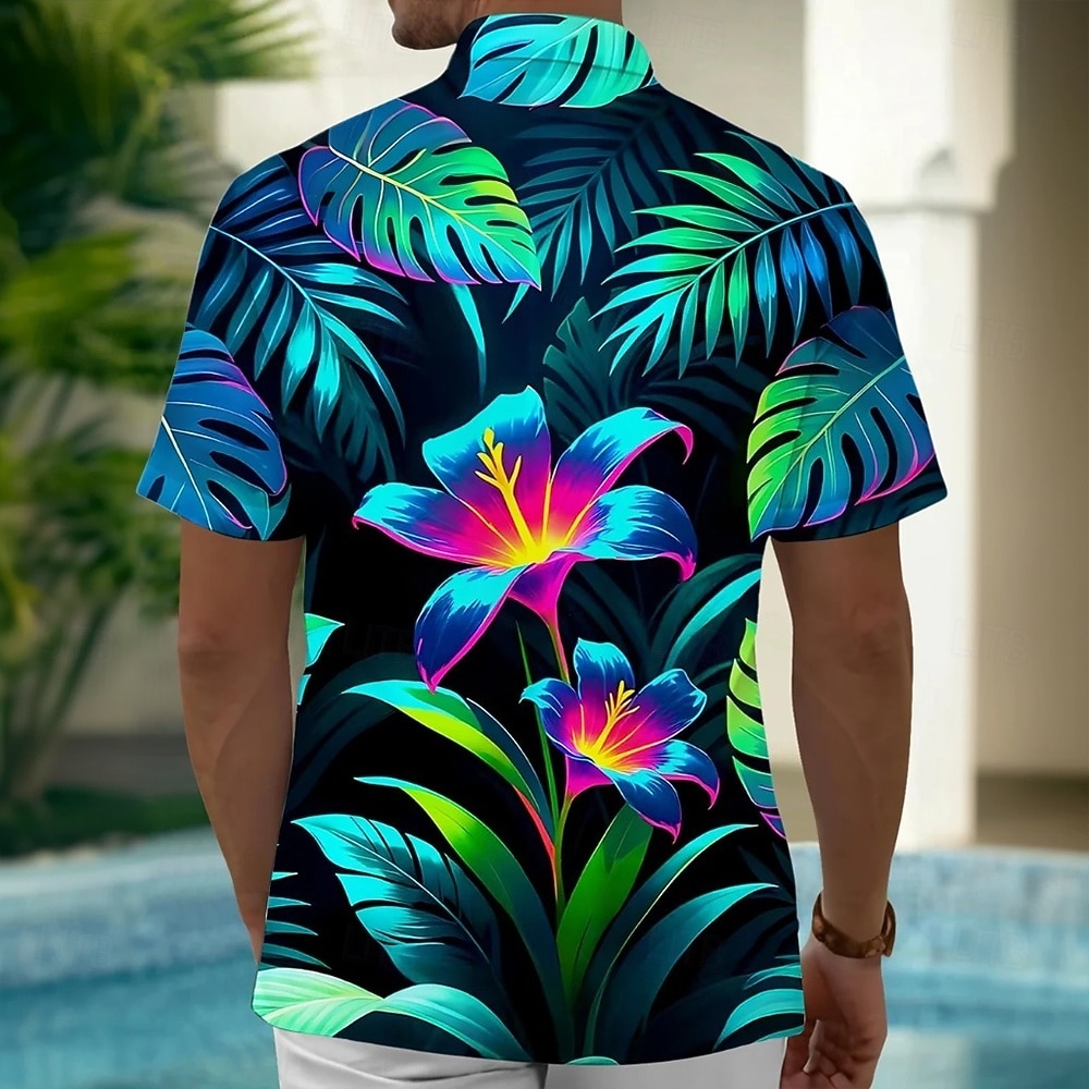 Men's Tropical Flowers Palm Leaf Neon Glow Summer Hawaiian Shirt Button Up Shirt Aloha Shirt Short Sleeve Hawaiian Vacation Summer Spring Turndown 3D Print Collared Shirts Front One Pocket Black 2026 - $25.99 –P2