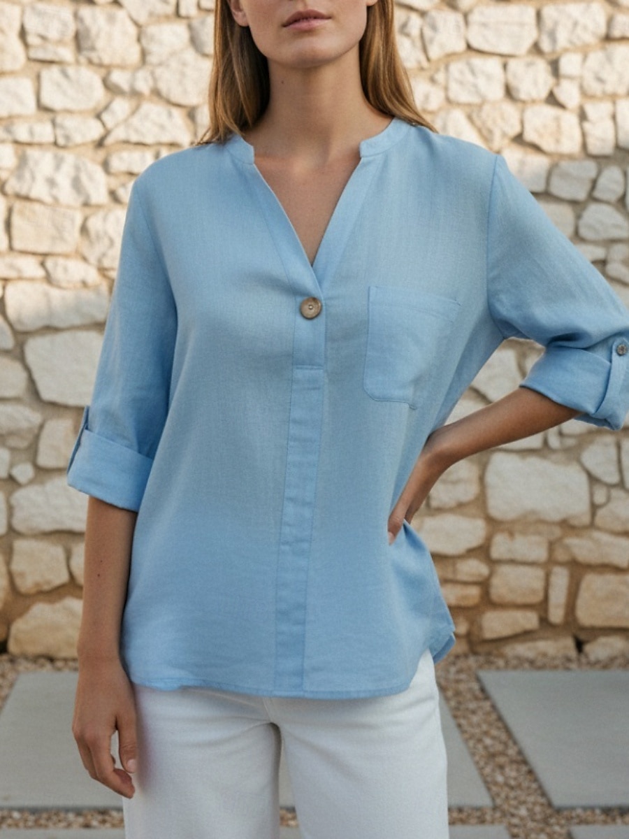 Women's Linen-feel Shirts Blouse Pocket Buttons Plain Active Casual Half Sleeve V Neck Regular Tops Daily Holiday Going out Blue Black White Pink Purple Summer Spring 2026 - $18.99 –P5