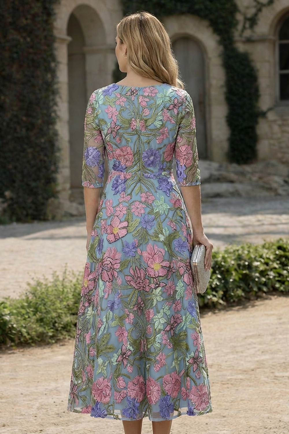 Corte A Vestido Midi Vestido de encaje Vestido formal Vestido de flores Vestidos de coctel Elegante Vintage Floral Manga Corta Escote en Pico Fiesta de jardin Boda Bolsillo Satén Encaje Espalda 2026 - $194.99 –P2