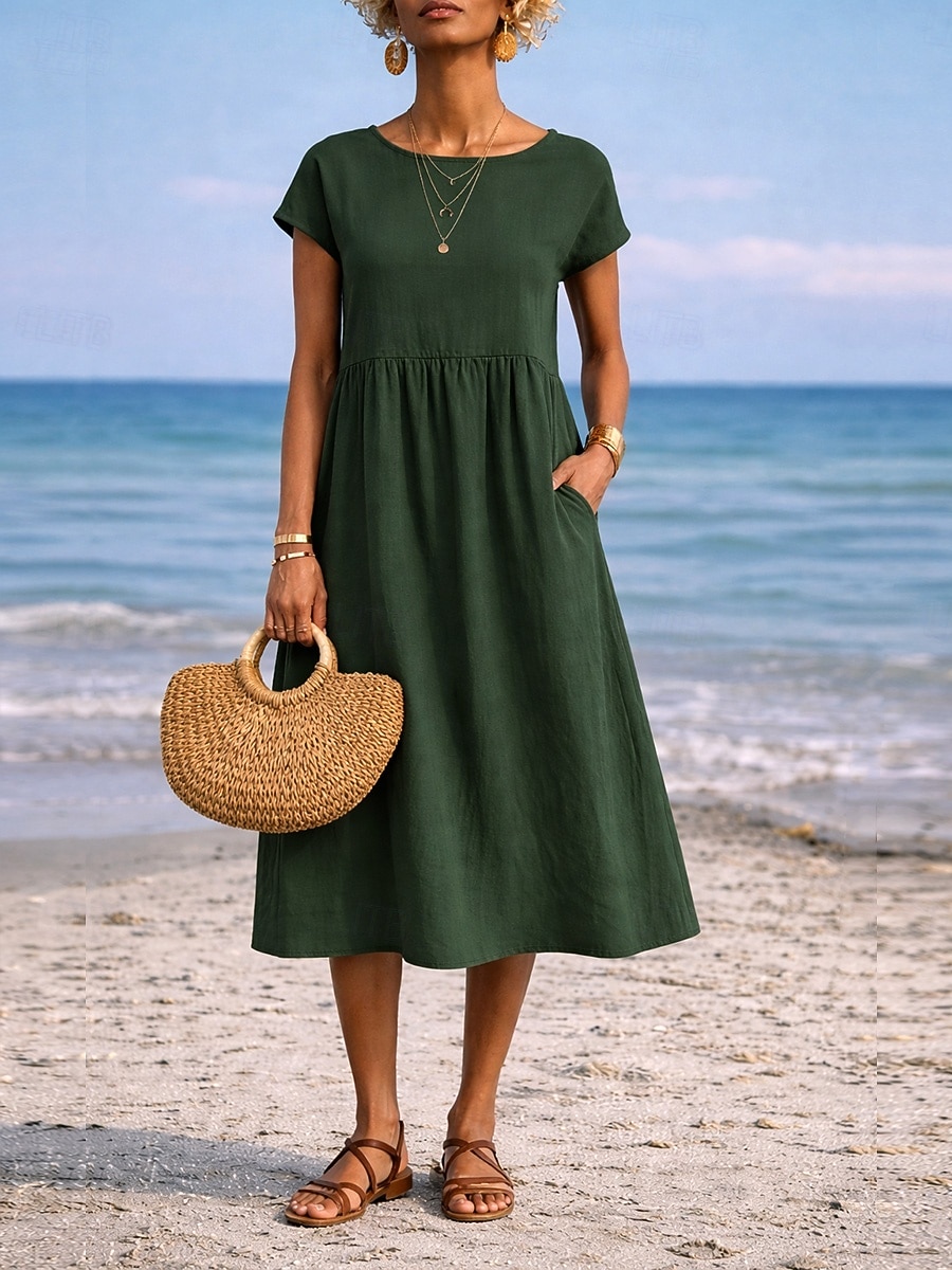 Damen Midikleid A Linie Kleid Sommerkleid Lässig Täglich Lässiger Schnitt Einfach Kurzarm Rundhalsausschnitt Blau Schwarz Weiß Rosa Sommer Frühling 2026 - $26.99 –P8