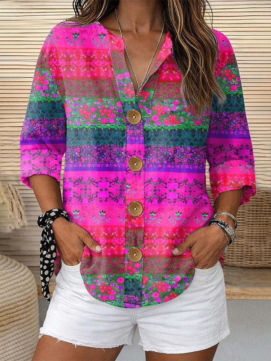 Mujer Blusa Estampado Floral Graphic Elegante Vintage Casual Manga 3/4 Cuello Barco Tops regulares Diario Festivos Ropa de vacaciones Azul Piscina Amarillo Morado Naranja Verano Primavera 2026 - $33.99 –P3
