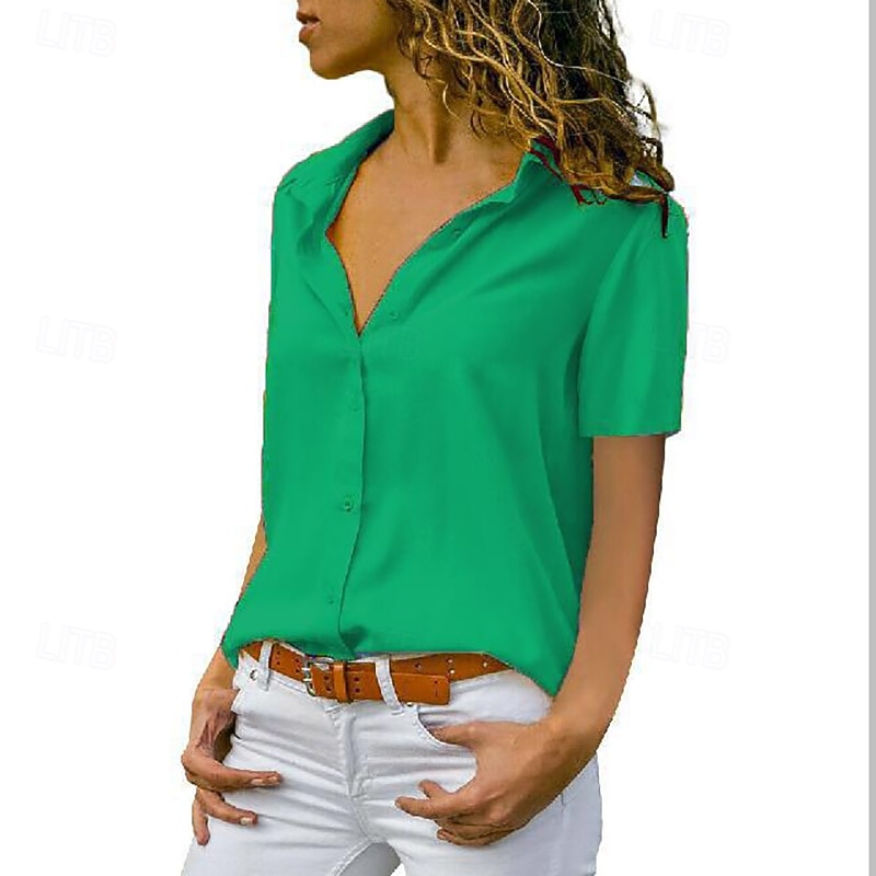 Per donna Camicia Blusa Patchwork Bottoni Semplice Vintage Elegante Classico Manica Corta Colletto a Camicia Top Regolari Quotidiano Ufficio Lavoro Nero Bianco Giallo Verde Grigio Estate Primavera del 2026 a $13.99 –P6