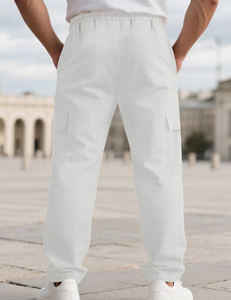 Men's Linen Pants Trousers Summer Pants Beach Pants Drawstring Elastic Waist Solid Color Comfort Breathable Full Length Daily Outdoor Beach Vacation Fashion Black White Inelastic 2026 - $22.99 –P13