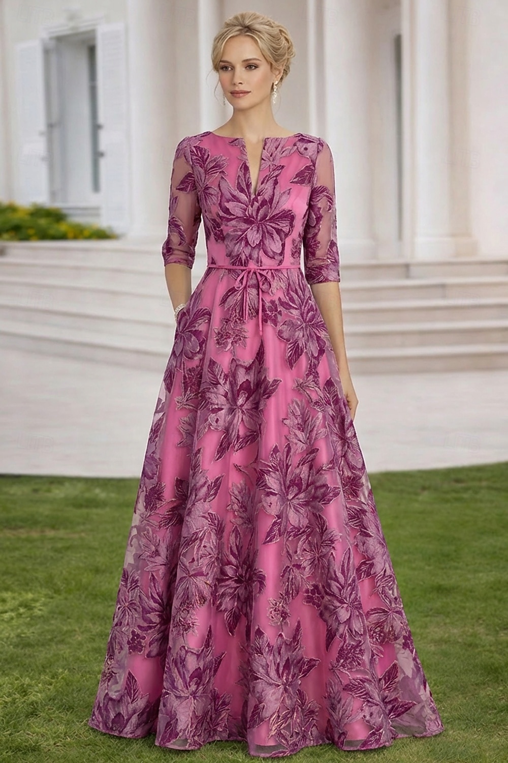 A-Line Floor Length Maxi Dress Wedding Guest Dress Mother of the Bride Dress 3/4 Length Sleeve V Neck Elegant Vintage Formal Satin Lace Organza with Floral Print Embroidery Flower 2026 - $182.99 –P4