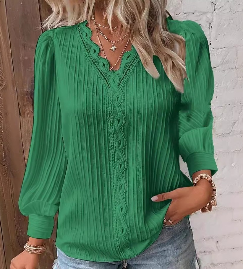 Women's Lace Shirt Blouse Lace Patchwork Solid Color Stylish Casual Long Sleeve V Neck Regular Tops Daily Blue Black White Yellow Red Spring Fall 2026 - $19.99 –P4
