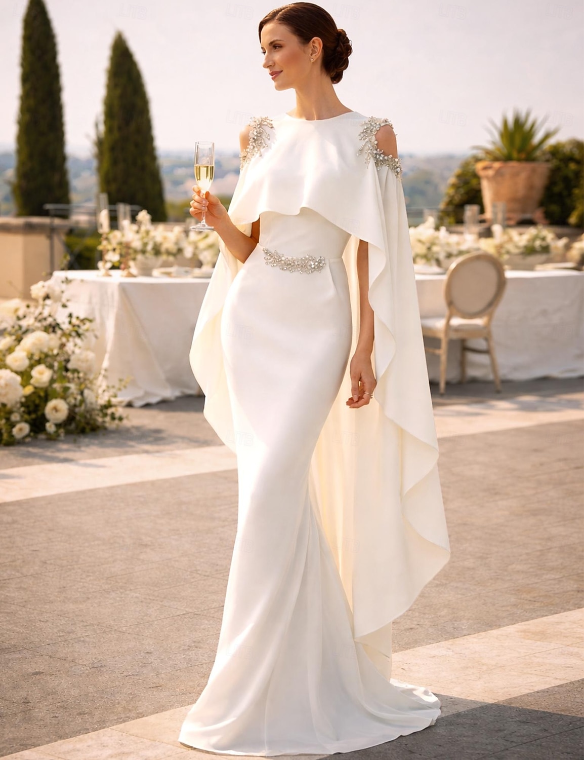 Mermaid Trumpet Floor Length Ball Gown with Cape Evening Gown Formal Dress Elegant Maxi Sleeveless Jewel Neck Formal Wedding Guest Capes Stretch Chiffon with Appliques 2026 - $208.99 –P3