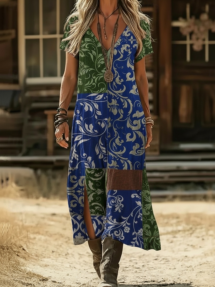 Naisten Maksimekko Boho-mekko Rento mekko A linjainen mekko Painatus mekko Muoti Moderni ulko- Loma Viikonloppu Loose Fit Kukka Kuvitettu Lyhythihainen V kaula-aukko Laivastosininen Purppura Apila 2026 - $25.99 –P6