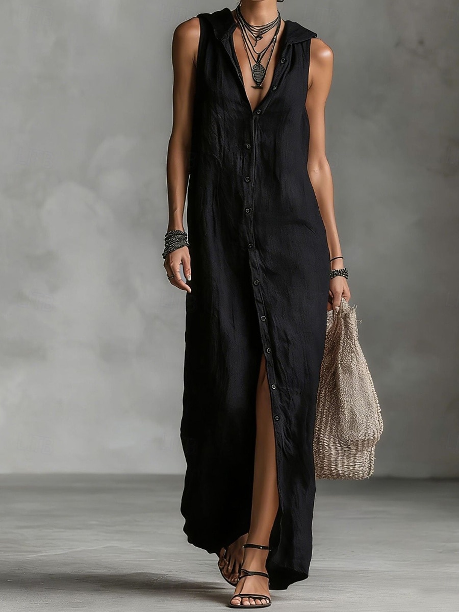 Women's Maxi Dress Linen-feel Dresses Shirt Dress Casual Dress Cotton Linen Dress Elegant Fashion Modern Outdoor Vacation Going out Regular Fit Plain Sleeveless Hooded Black Dusty Rose Navy Blue 2026 - $39.99 –P10