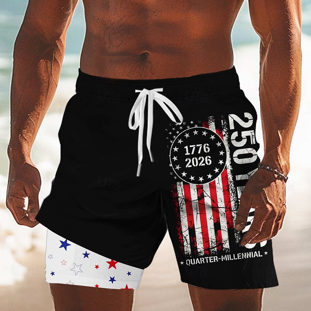 Per uomo 4 luglio, 250° anniversario degli Stati Uniti Bandiera degli Stati Uniti 1776 Pantaloncini foderati Pantaloncini da bagno 2 in 1 Pantaloncini da mare Misura del girovita medio Patriotico del 2026 a $22.99 –P1