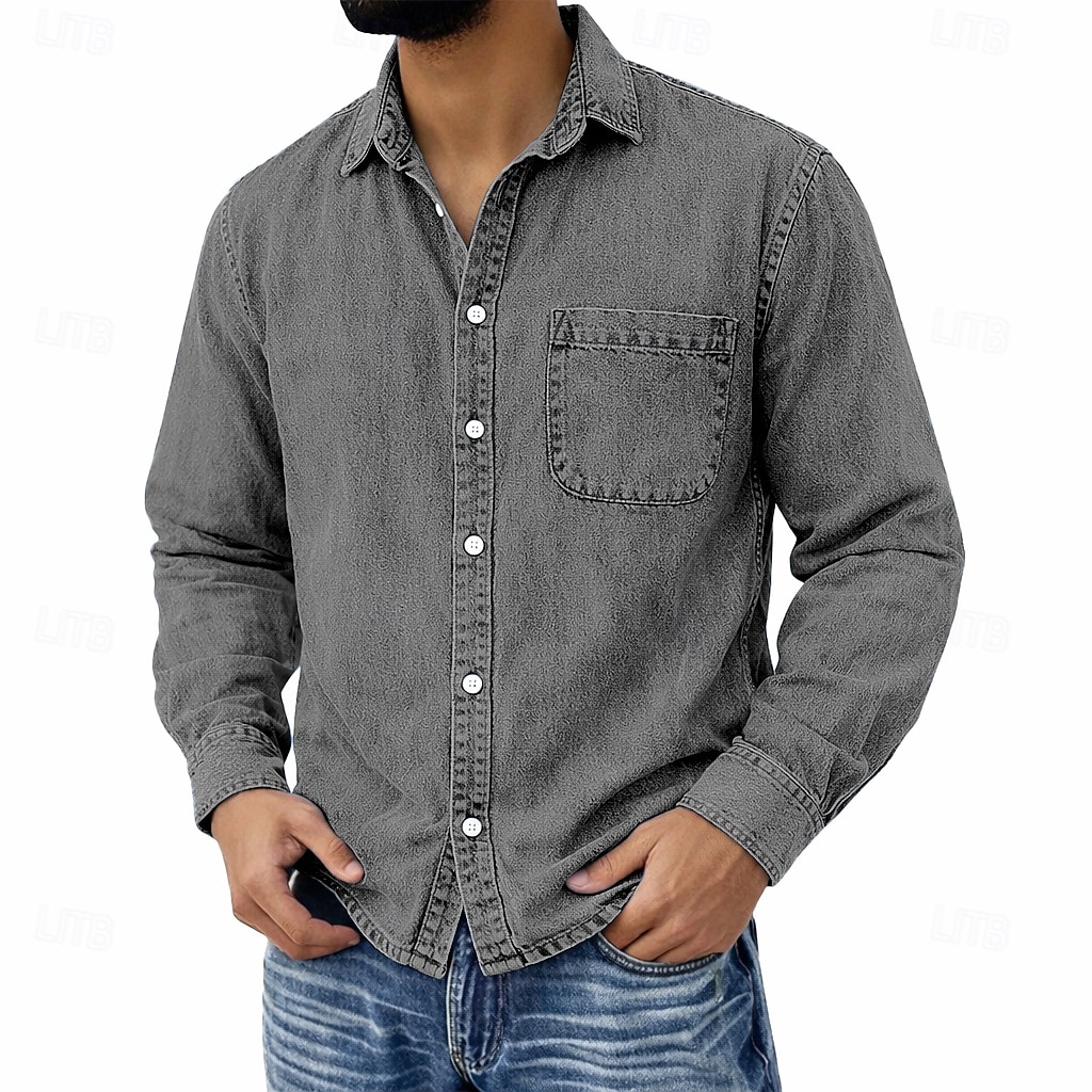 Men's Shirt Casual Shirt Vintage Shirt Button Up Shirt 100% Cotton Acid Wash Shirt Blue Black Light Green Wine Navy Blue Long Sleeve Plain Lapel Streetwear Going out Pocket Clothing Apparel Cotton 2026 - $31.99 –P9