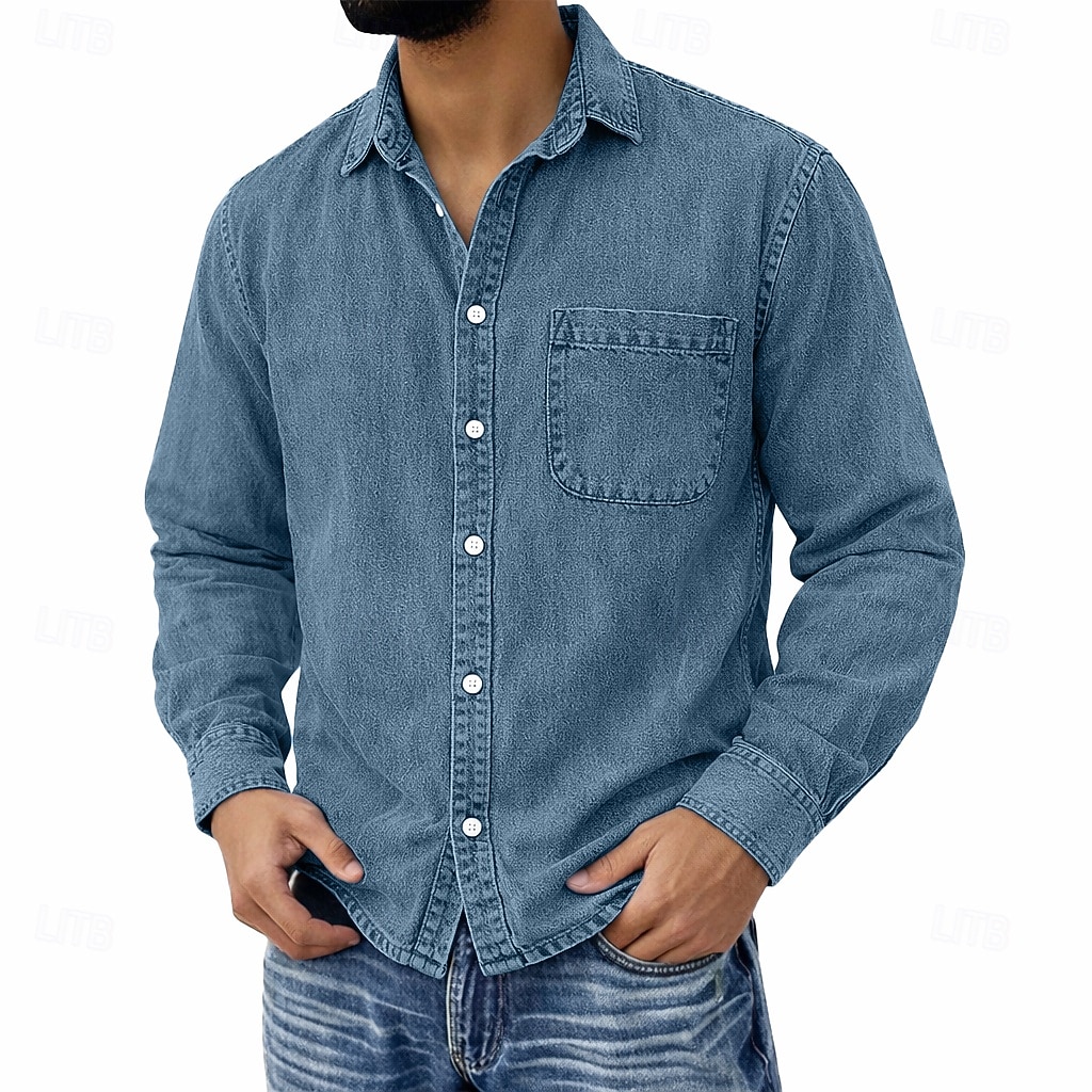 Men's Shirt Casual Shirt Vintage Shirt Button Up Shirt 100% Cotton Acid Wash Shirt Blue Black Light Green Wine Navy Blue Long Sleeve Plain Lapel Streetwear Going out Pocket Clothing Apparel Cotton 2026 - $31.99 –P7