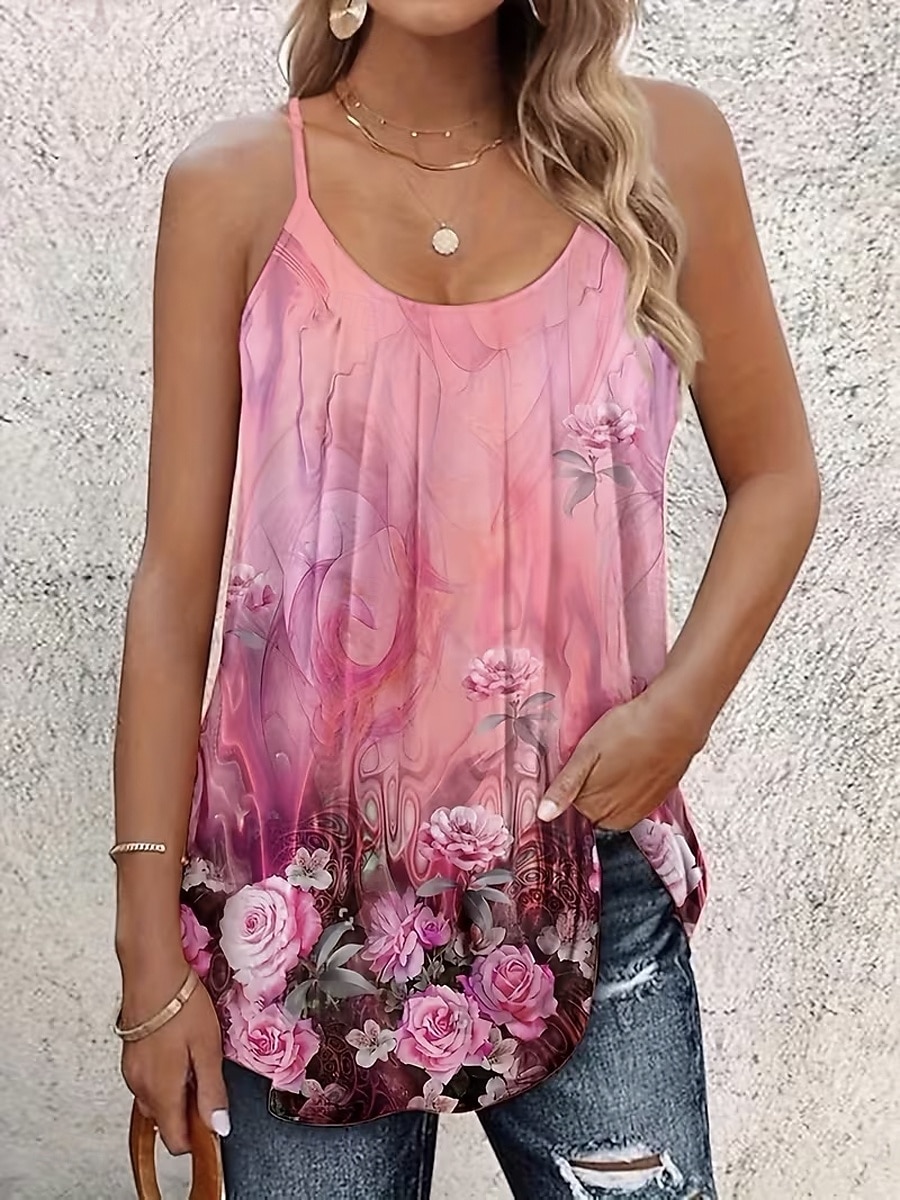 Mulheres Malha Íntima Nadador Imprimir Floral Gráfico Plantas à moda Clássico Casual Sem Manga Gola Redonda Alças Finas Tops longos Diário Para Noite Final de semana Azul Rosa Roxo Verão Primavera de 2026 por $21.99 –P1