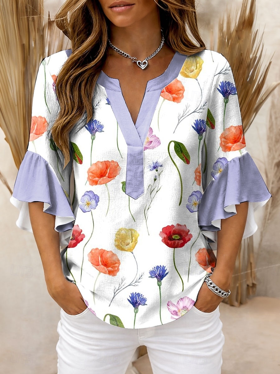 Per donna Blusa Volant Stampato Floreale Grafico Vintage Quotidiano Elegante Manica 3/4 Scollo a V Top Regolari Quotidiano Ferie Abbigliamento da vacanza Rosa Viola Arancione Verde Estate Primavera del 2026 a $32.99 –P4