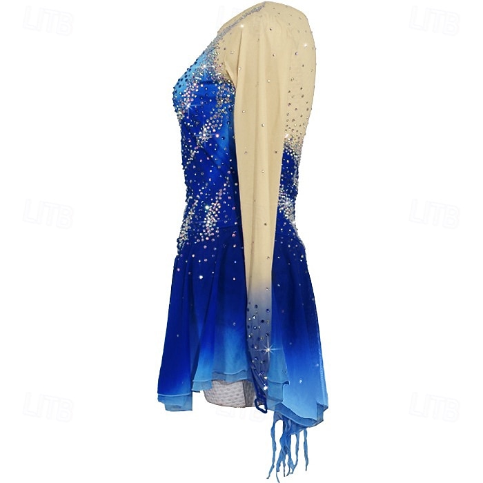 Kunstschaatsjurk Dames Voor meisjes Schaatsen Jurken Outfits Blauw + Blauw Licht Lapwerk Asymetrische zoom Spandex Netstof Hoge Elasticiteit Wedstrijd Kunstschaatskleding Kristal / Bergkristal Lange 2026 - $168.99 –P3