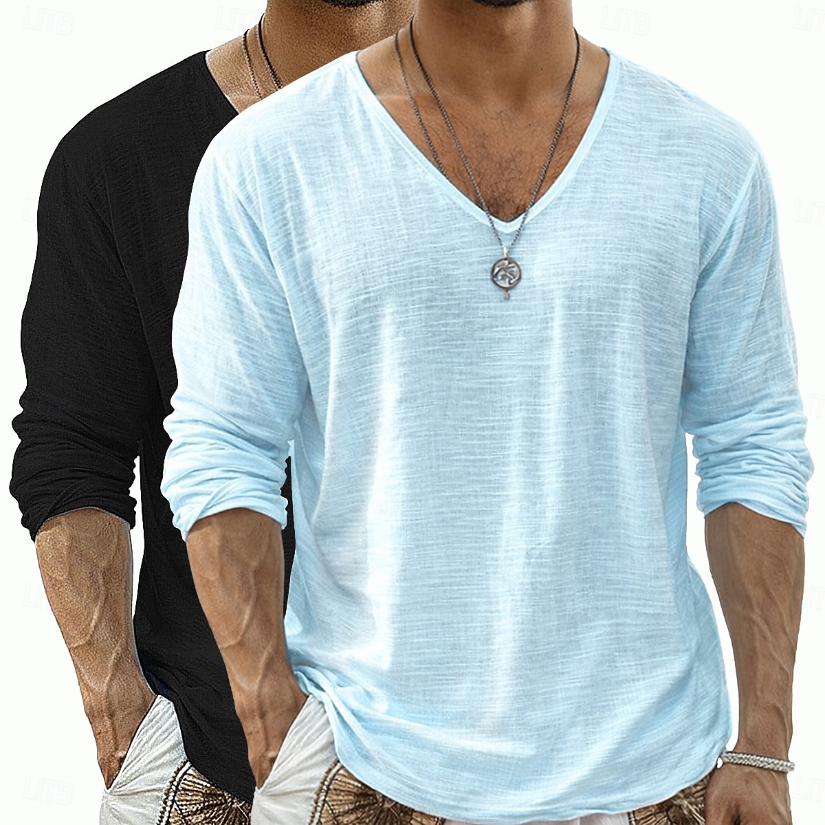 2 st herrtröja i linne med lång ärm, v-ringning, sommar, vår, vår &sommar enfärgad enfärgad daglig avslappnad gatustil 2-delad enfärgad flerpack avslappnad utomhus gatustil rosa lila rosa grön topp 2026 - $34.99 –P16