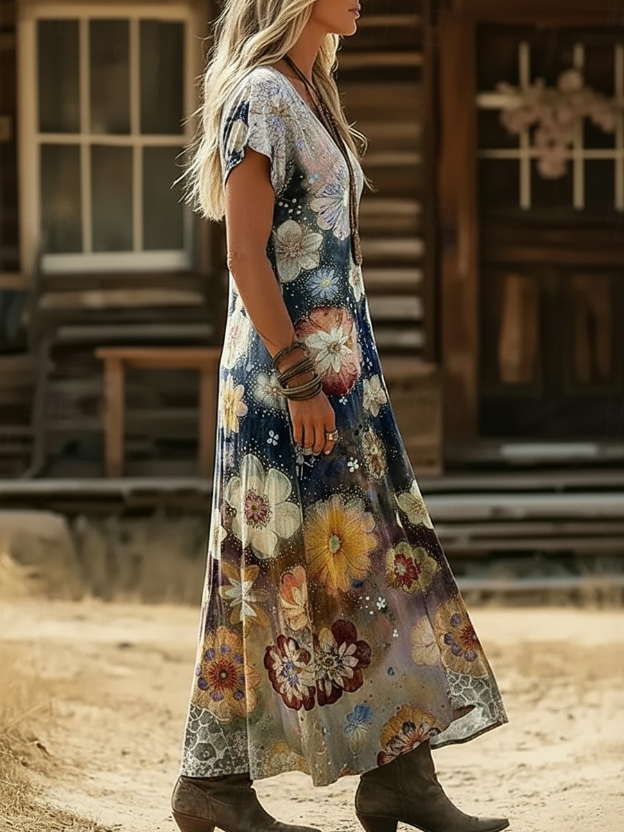 Per donna Abito maxi Abito Boho Vestito Casual Abito a trapezio Abito Stampato Vintage All'aperto Vacanza Weekend Vestibilità regolare Floreale Grafico Manica Corta Scollo a V Blu marino Viola Verde del 2026 a $25.99 –P2