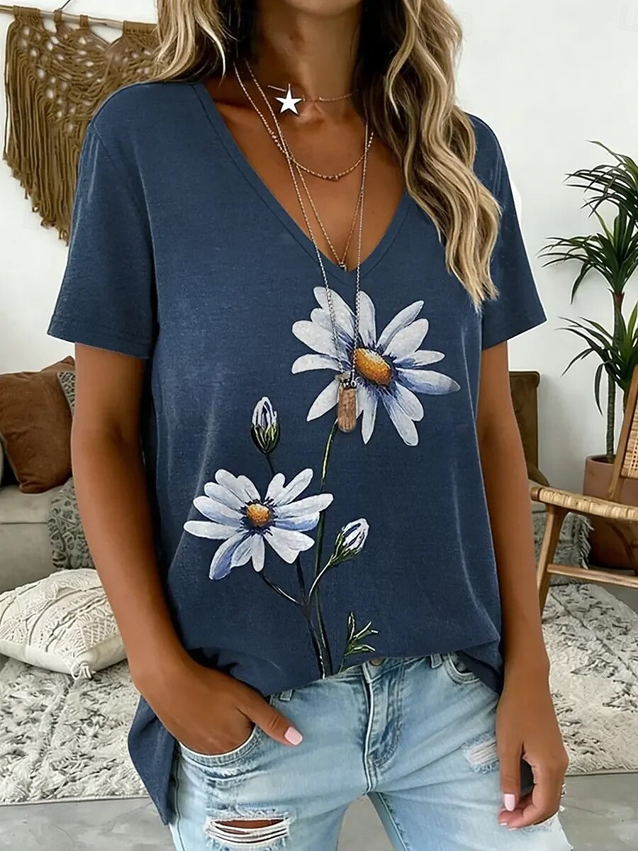 Damen T Shirt Druck Blumen Grafik Vintage Stilvoll Klassisch Kurzarm V Ausschnitt Normale Oberteile Täglich Fitnessstudio Ausgehen Blau Sommer Frühling 2026 - $21.99 –P1