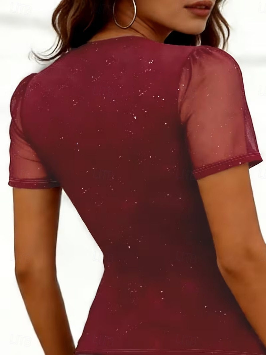Femmes T-shirt Paillettes Maille Couleur Unie Élégant Mode Classique Manche Courte Col en V Hauts Réguliers Quotidien Sortir Week-end Noir Rouge Été Printemps de 2026 ? $21.99 –P5