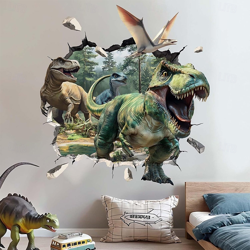 3D őskori dinoszaurusz világ t-rex triceratops brachiosaurus törött falhatás dzsungel fali kárpit ajtó banner gyerekek hálószoba fiúk játszószoba dekoráció születésnapi buli háttér 2026 - $19.99 –P8
