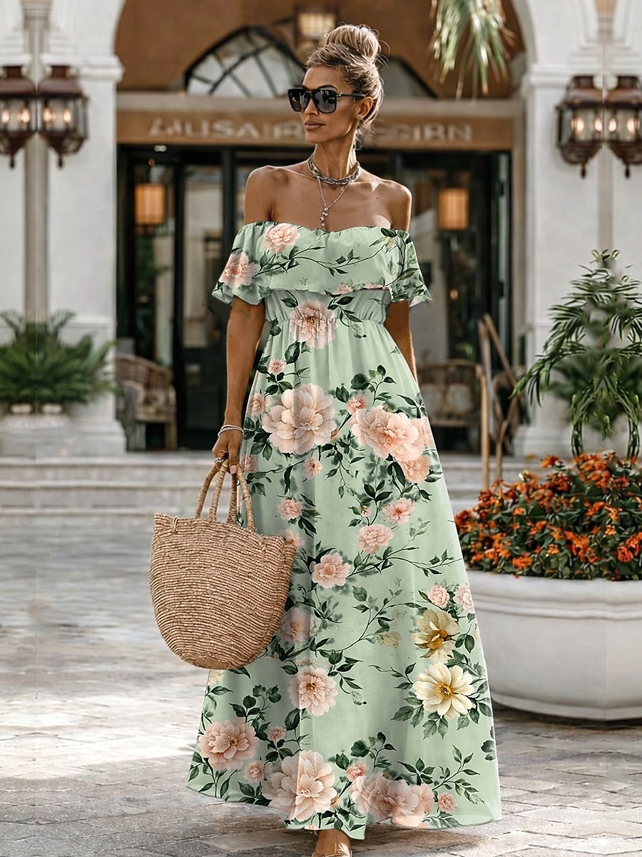 Mulheres Vestido Longo Vestido de chiffon Boêmia Férias Tropical Praia Festa Casamento Normal Floral Manga Curta Ombro a Ombro Azul Verde Claro Rosa Verão Primavera de 2026 por $44.99 –P1