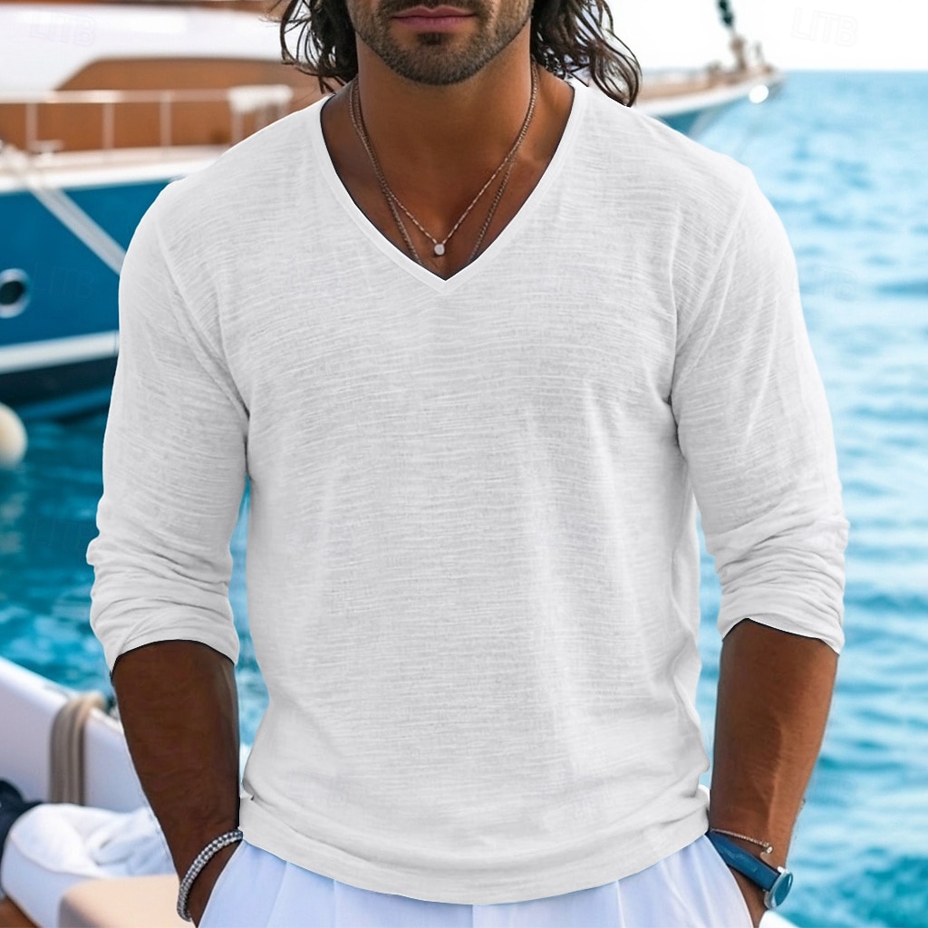 Муж. Футболка Футболка из льна Длинный рукав V-образный вырез Лето Весна Весна лето Сплошной цвет Полотняное плетение Текстура Повседневные На каждый день Уличный стиль Гладкая ткань 2026 - $20.99 –P1