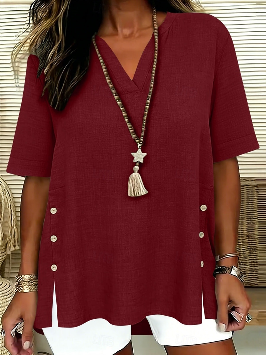 Dames Overhemden met linnenlook Blouse Overhemd van imitatie linnen Knop Effen Kleur Dagelijks Stijlvol Basic Halve mouw V-hals Normale tops Dagelijks blauw Zwart Geel Rood Paars Zomer Lente Herfst 2026 - $22.99 –P10