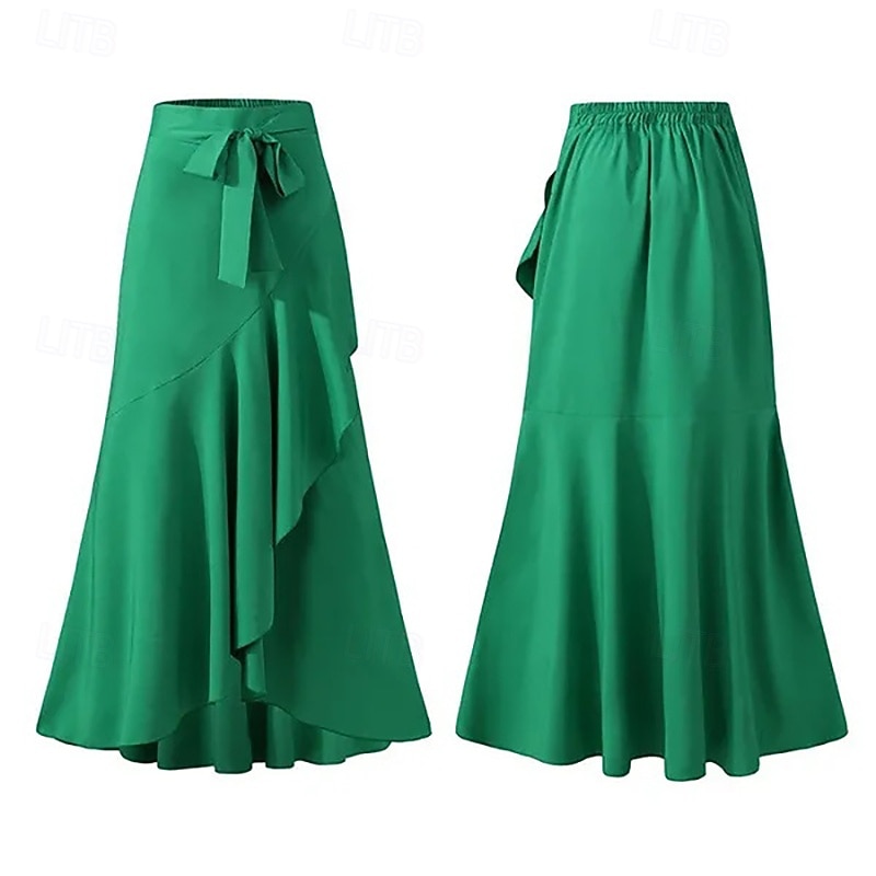 Dames Vakantierok Elegant Modieus Casual Maxi Medium taille Rokken Effen Trekkoord Ruche Elastische taille Micro-elastisch Dagelijks Straat Zwart Wijn Groen Zomer 2026 - $26.99 –P4