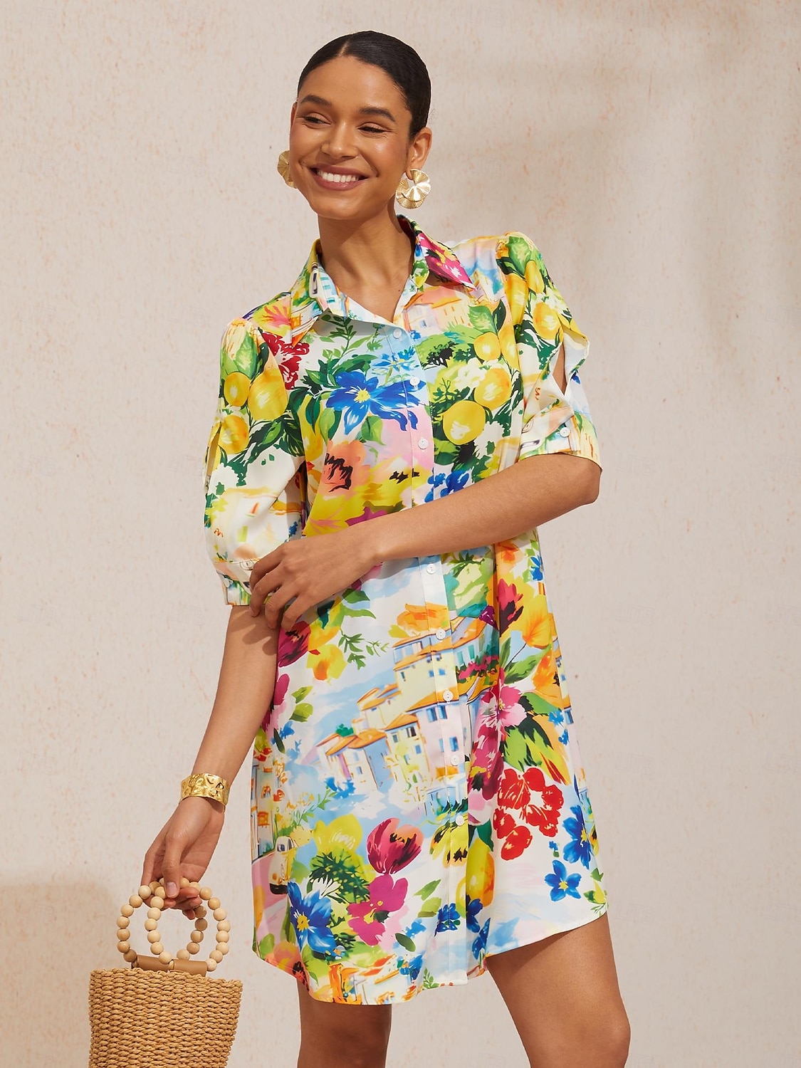 Rochie tip cămașă dreaptă din satin mătăsos cu citrice de vacanță 2026 - $91.99 –P1