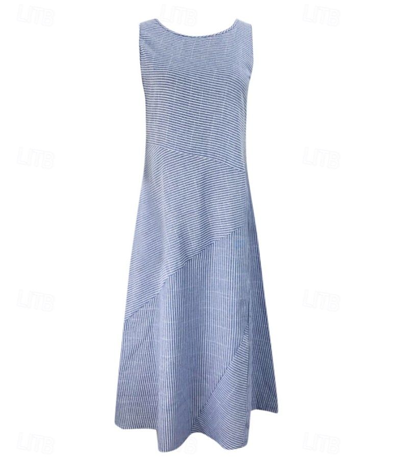 Damen Midikleid A Linie Kleid Urlaub Lässig Outdoor Ausgehen Lässiger Schnitt Gestreift Ärmellos Rundhalsausschnitt Blau Grün Grau Sommer Frühling 2026 - $21.99 –P5