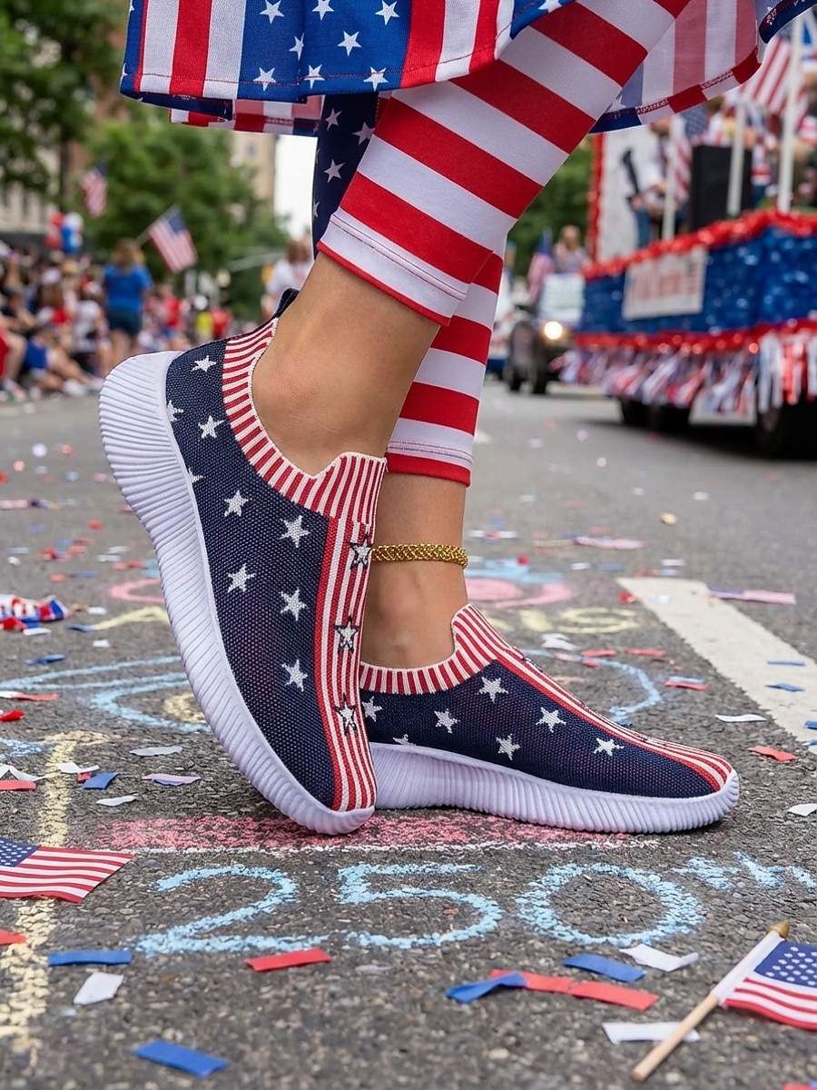 Røde blå strikkede joggesko med amerikansk flagg til dame, lette, pustende og slip-on-sko til 4. juli, patriotiske begivenheter og USAs 250-årsjubileum. &hverdagsbruk 2026 - $24.99 –P5