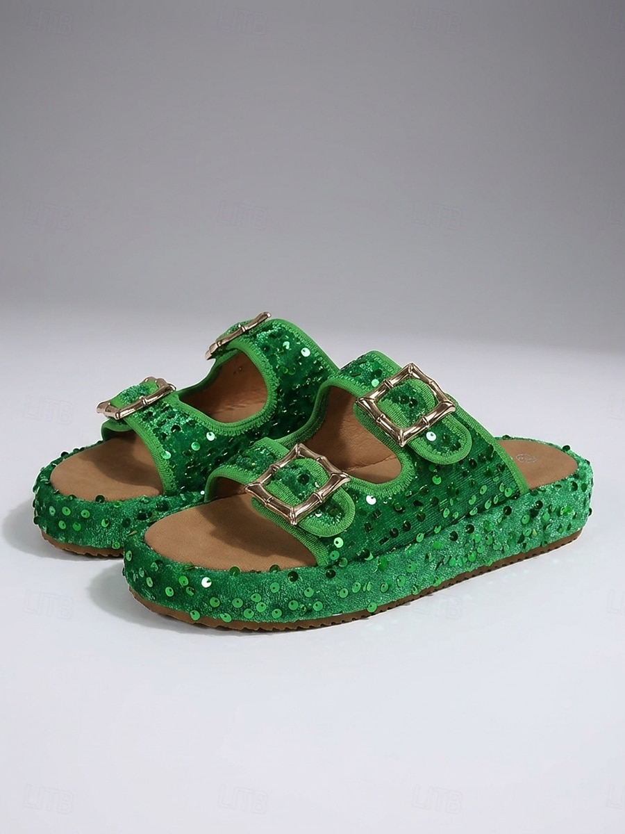 sandali da donna con fibbia in paillettes verdi, eleganti sandali casual con plateau slip-on per feste in giardino, viaggi &abbigliamento estivo quotidiano del 2026 a $29.99 –P1