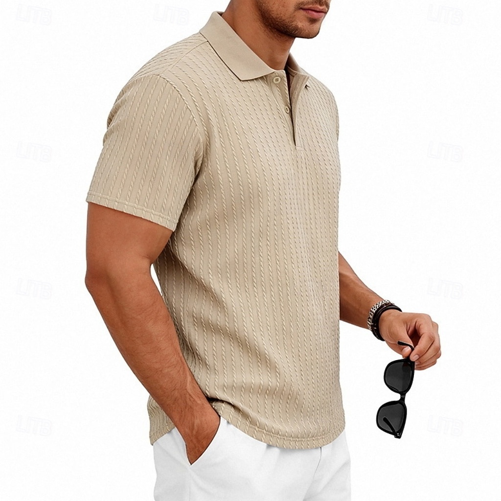 Herren Zopfstrick-Poloshirt Textur Geschäft Urlaub Revers Kurzarm Mode Modern Einfach Knöpfe Atmungsaktiv Sommer Frühling Schwarz Weiß Wein Marineblau Grün Khaki Zopfstrick-Poloshirt 2026 - $21.99 –P4