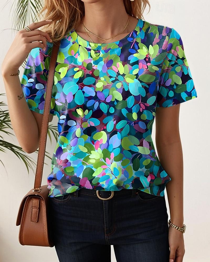 Dames T-shirt Afdrukken Bloemig Casual Korte mouw Ronde hals Normale tops Dagelijks blauw Zwart Wit Lichtgroen Paars Zomer 2026 - $7.99 –P8