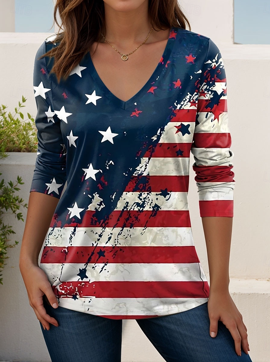Giorno dell'Indipendenza Americana Per donna Maglietta Stampato Grafico Bandiera Americana Vintage Elegante Classico Manica Lunga Scollo a V Top Regolari Quotidiano Weekend Nero Bianco Rosso Blu del 2026 a $24.99 –P4
