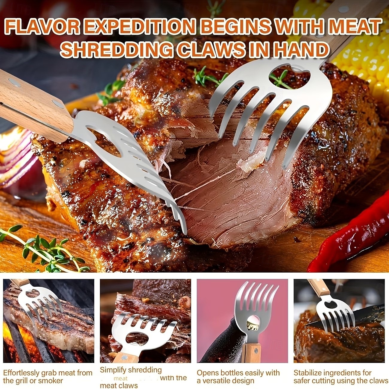 2 bucăți de tocat carne din oțel inoxidabil cu gheare de urs, instrument pentru grătar, mâner din lemn, divizor de carne, mixer alimentar, deschizător de sticle 2026 - $16.99 –P6