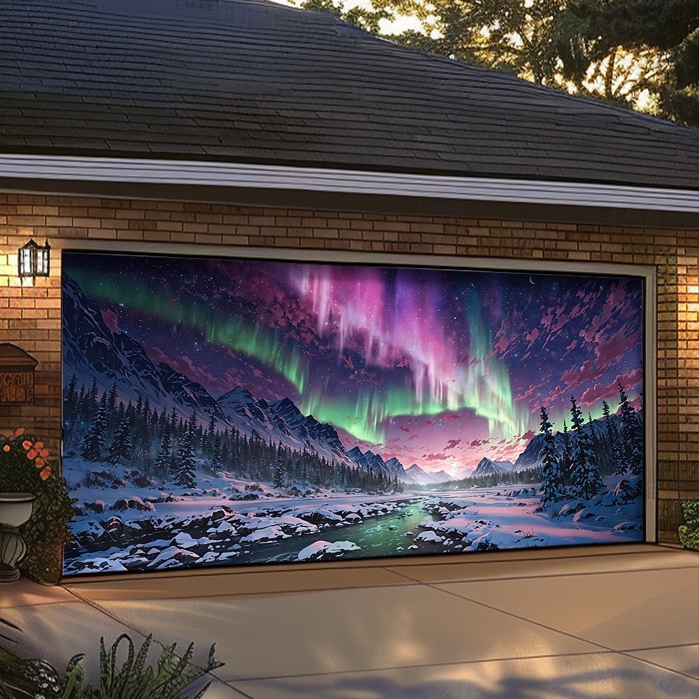 Northern Lights Aurora Borealis Winter Mountain Snowy Pine Forest Starry Night Sky Frozen River Garage Door Banner Outdoor Wall Decor Holiday Mural Christmas Decoration Backdrop 2026 - $49.99 –P3