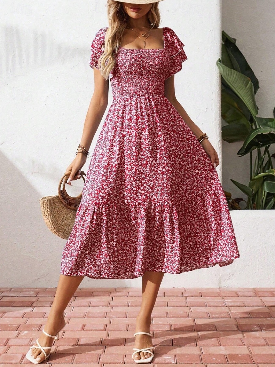 Dam Midiklänning Vardagsklänning Swingklänning Blommig klänning Elegant Mode Modern Utomhus Semester Utekväll Normal Ditsy Floral Kortärmad Fyrkantig hals Blå Svart Rubinrött Purpur Sommar Vår 2026 - $33.99 –P4