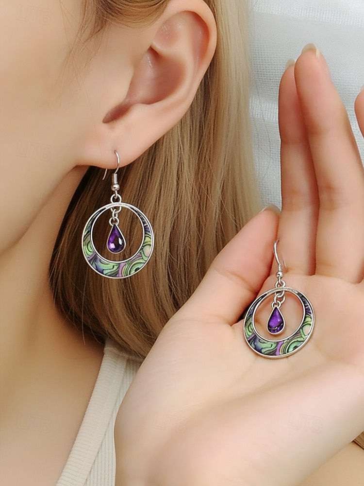 Cercei boemi din aliaj pentru femei cu lacrimă mov, design rotund colorat, perfecți pentru ținute casual zilnice și vacanțe la plajă 2026 - $7.99 –P4