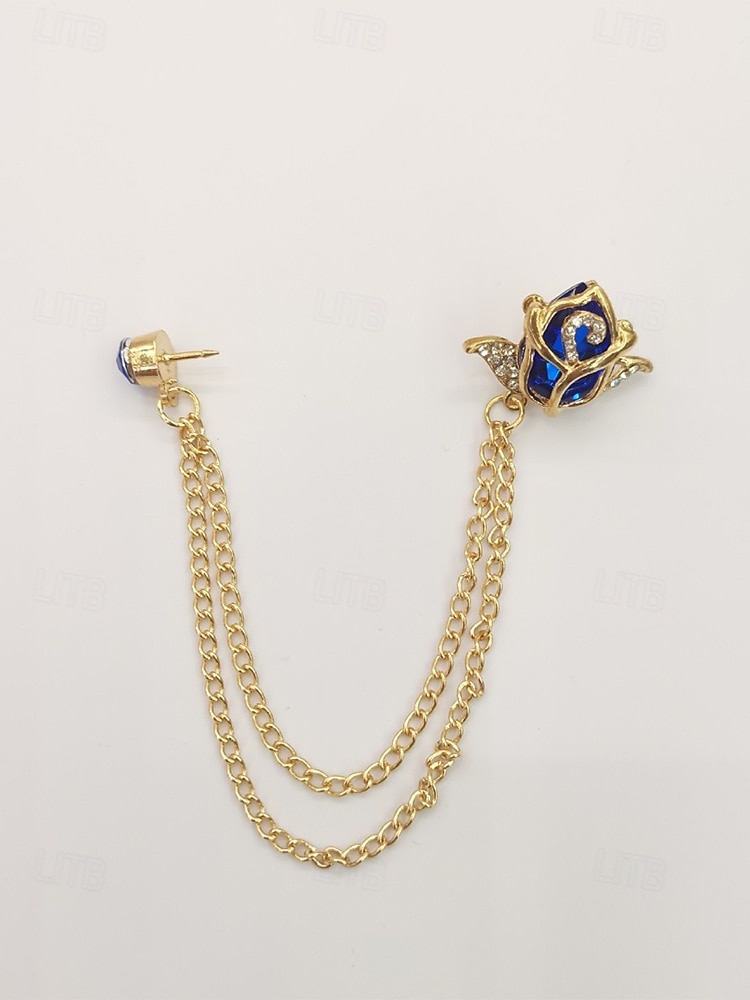 Spilla da bavero da uomo in lega con rosa e catena, accessorio per abiti da sposa e da festa, vari colori, elegante spilla floreale per occasioni formali del 2026 a $11.99 –P6