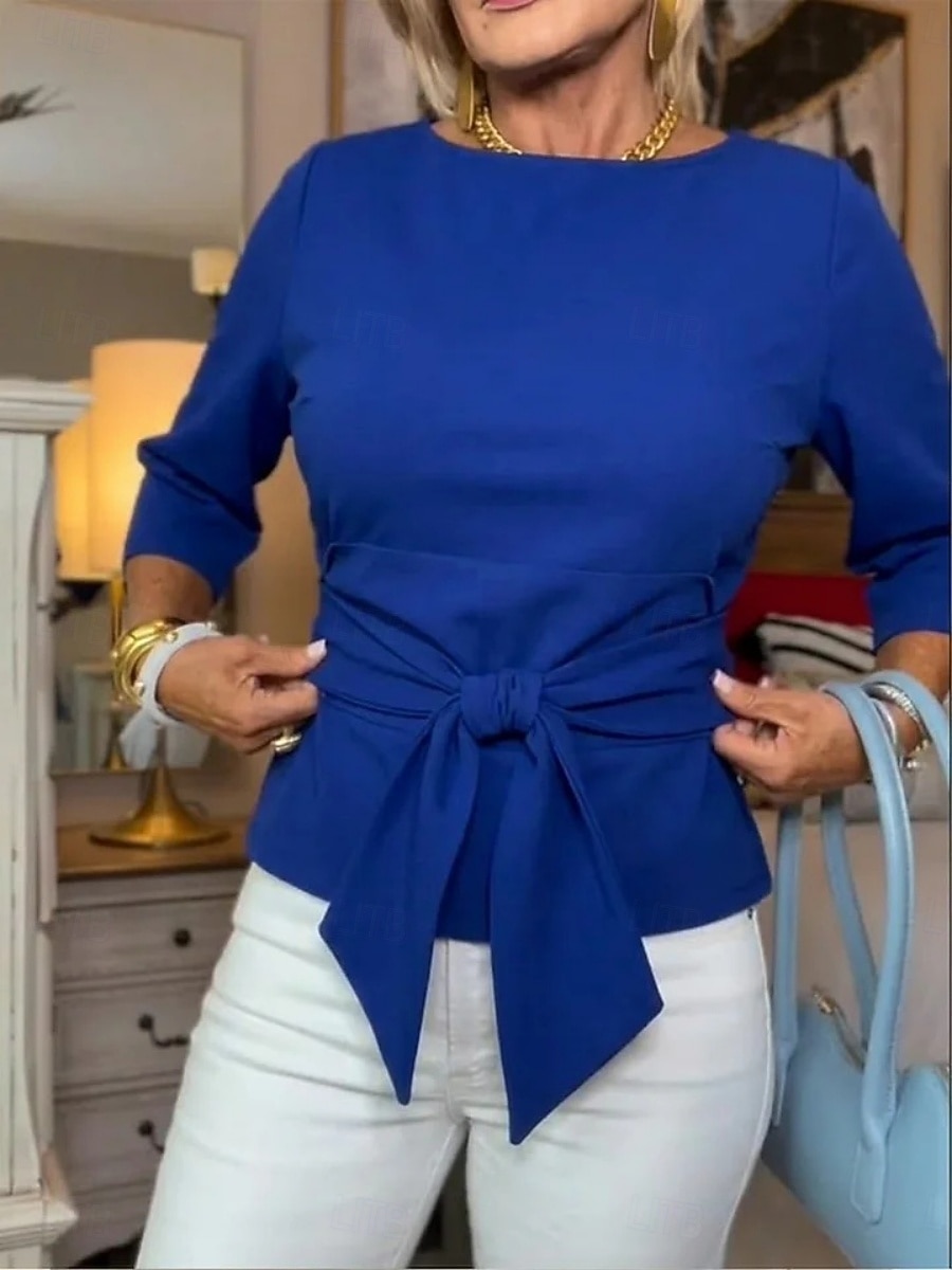 Dames Blouse strik voorkant Effen Kleur Stijlvol Casual Lange mouw Boothals Normale tops Dagelijks blauw Zwart Oranje Licht Blauw Lente Herfst 2026 - $25.99 –P6