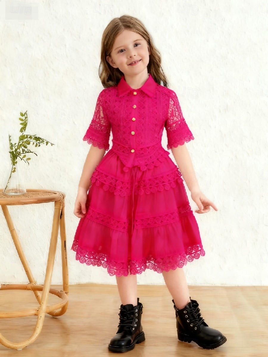 2 Pieces Kids Girls' Solid Color Lace Dress Suits Set Short Sleeve Fashion Outdoor 4 years+ Summer Blue White Pink 2026 - $40.99 –P2
