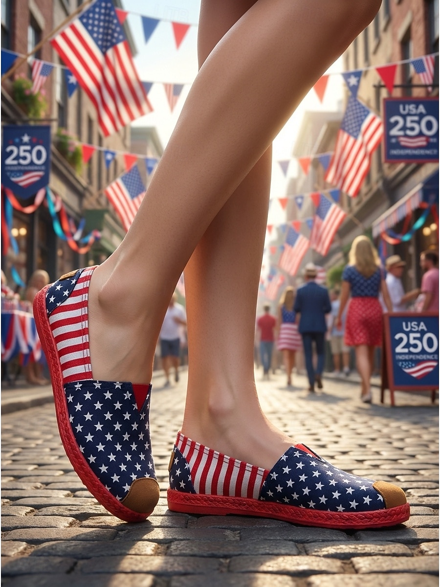 Scarpe basse patriottiche da donna USA 250 - comode scarpe in maglia a righe blu e bianche con dettaglio a stella per il giorno dell'indipendenza americana e le parate. &abbigliamento per le vacanze del 2026 a $19.99 –P1