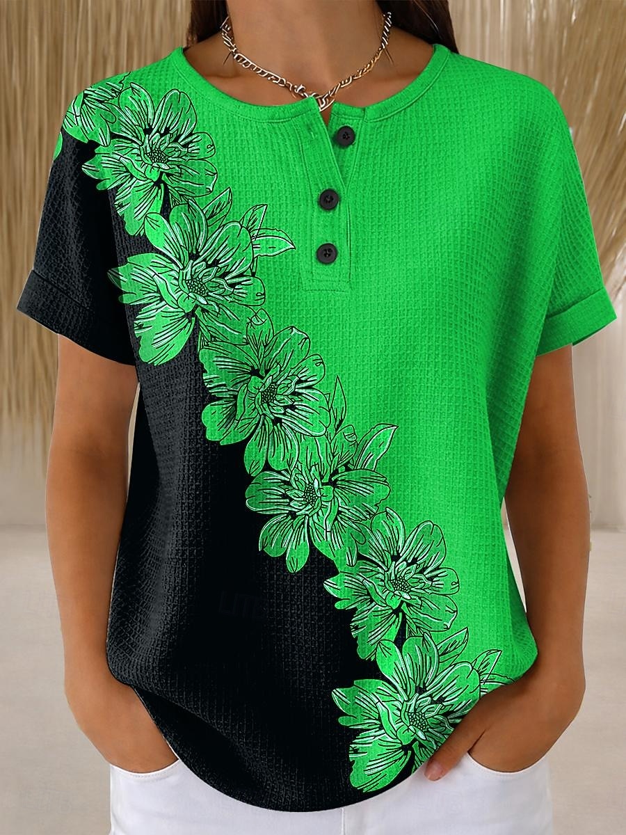 Women's Waffle T Shirt Color Block Print Floral Graphic Vintage Stylish Classic Short Sleeve Crew Neck Regular Tops Daily Blue Red Purple Green Summer Spring 2026 - $24.99 –P4