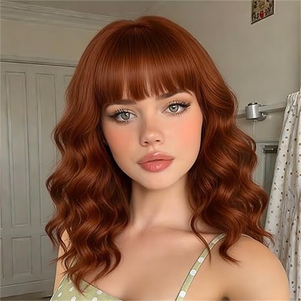 Black Mixed Brown Wig with Bangs Short Wavy Bob Wigs for Women Synthetic Shoulder Length Hair Natural Looking Curly Wig Heat Resistant Hair Replacement Bob Wigs (14 Inch) 2026 - $30.99 –P8