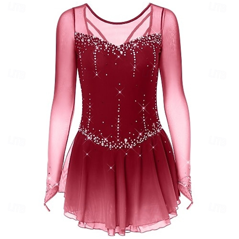 Figure Skating Dress Women's Ice Skating Dress Dark Pink Black White Patchwork Open Back Stretchy Training Competition Skating Wear Classic Crystal / Rhinestone Long Sleeve Ice Skating Figure Skating 2026 - $248.09 –P10