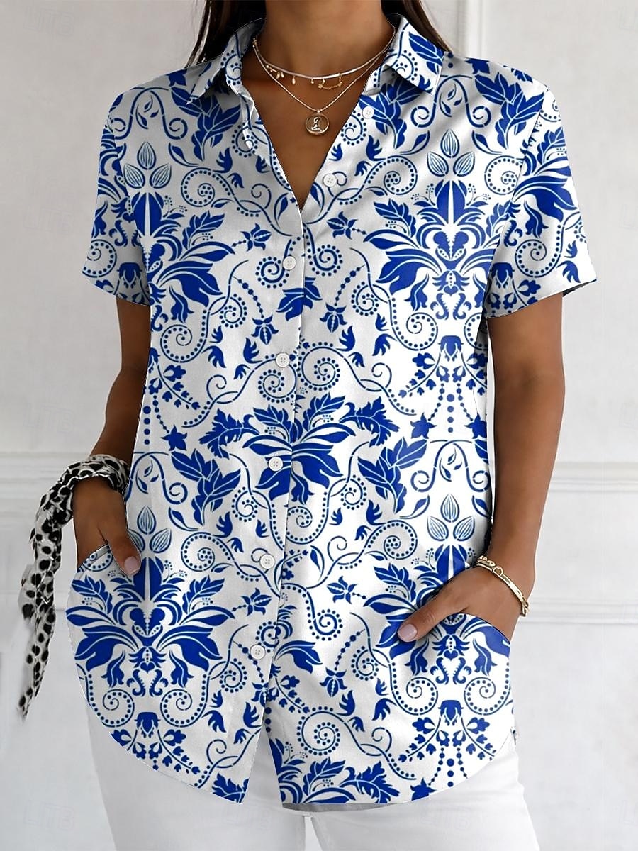 Women's Shirt Buttons Print Floral Graphic Vintage Stylish Modern Short Sleeve Shirt Collar Long Tops Daily Blue Red Purple Green Summer Spring 2026 - $26.99 –P1