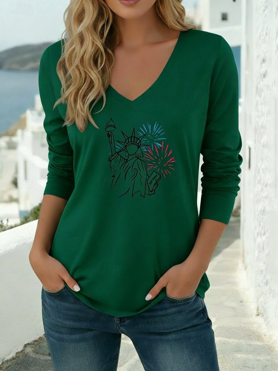 American Independence Day Women's T Shirt Long Cotton Top Tee Top Print Graphic Stylish Classic Casual Long Sleeve V Neck Regular Tops Daily Going out Weekend Blue Black White Red Green Spring Fall 2026 - $21.99 –P4