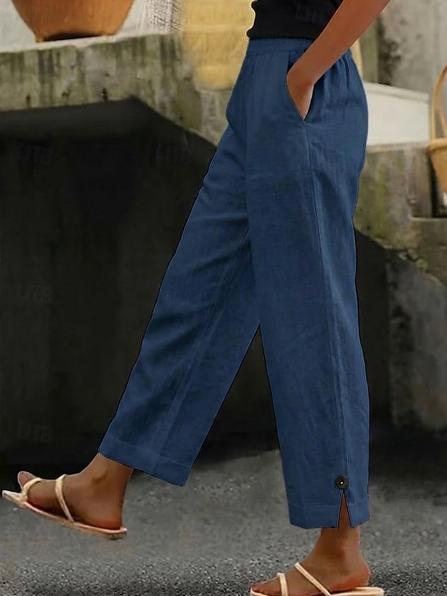 Women's Linen-feel Pants Cotton Casual Pants Summer Pants Vacation Fashion Streetwear Full Length High Waist Plain Pocket Elastic Waist Comfort Comfortable Inelastic Daily Vacation Street Pinky White 2026 - $21.99 –P5