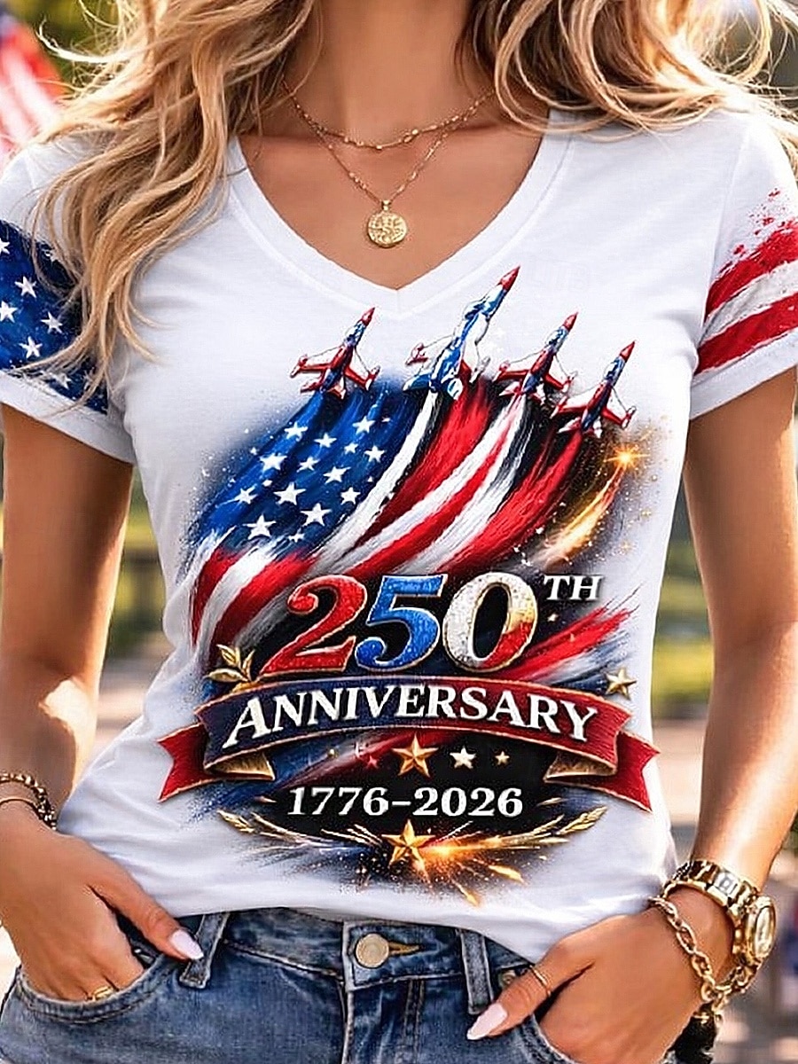 Unabhängigkeitstag Amerikanisches Jubiläum Patriotisches Frauen T-Shirt Druck Grafik Flagge Vintage Stilvoll Klassisch Kurzarm V-Ausschnitt Reguläre Oberteile Täglich Blau Schwarz Weiß Rot Sommer 2026 - $21.99 –P4