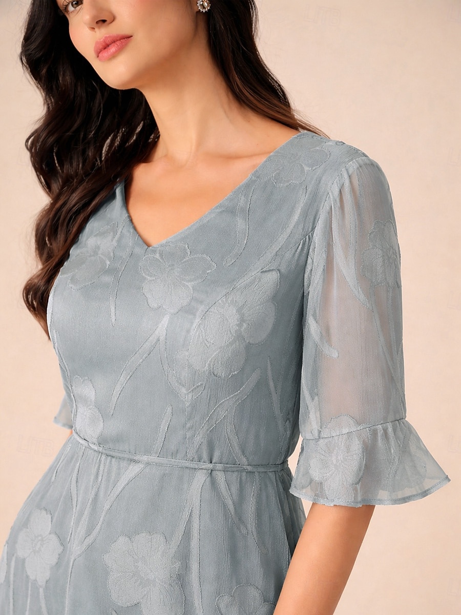 Pentru femei Rochii Midi Rochie A line Elegant Cu Mâneci Largi Zilnic Vacanță Invitat la nunta Cu Șiret Bufantă Fit regulat Floral Manșon scurt În V Cenusiu 2026 - $79.99 –P3